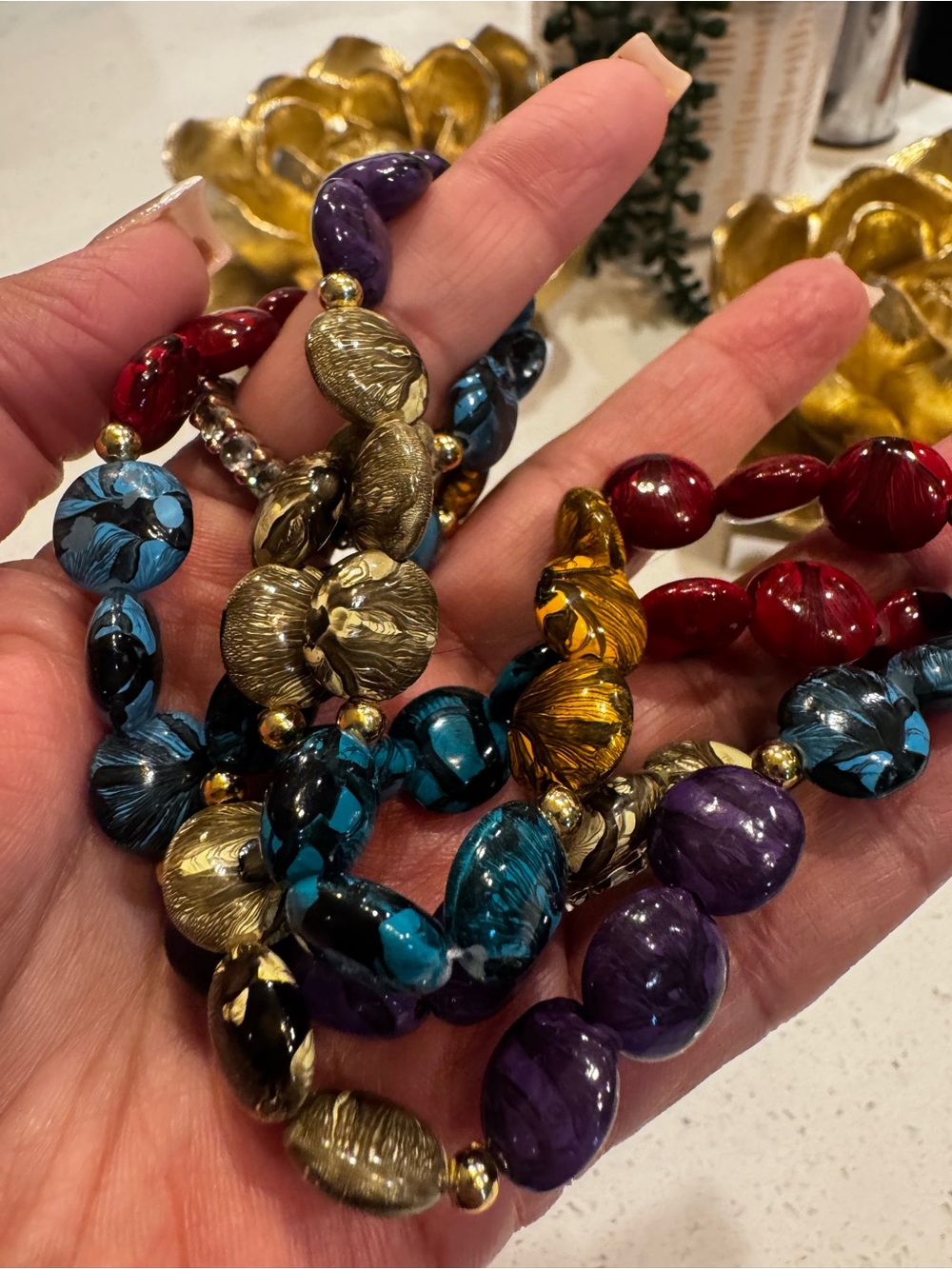 Multicolor Artisan  Bead necklace Purple, Blue, Red, Gold, Teal
